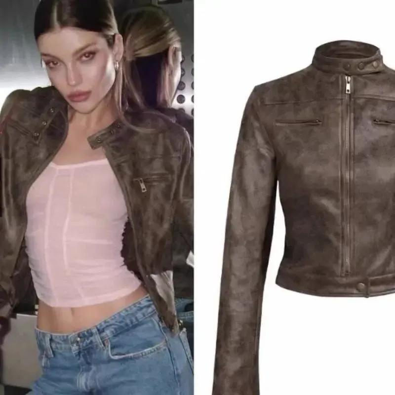 Brown jacket and model view