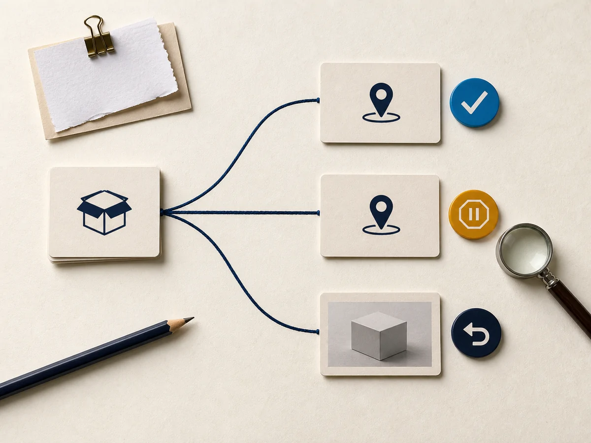 Editorial decision desk with one source card branching to verified, paused, and return-to-source routes