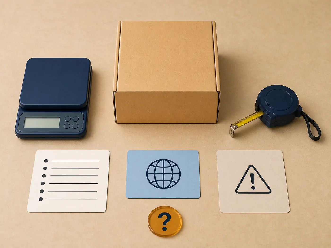 Illustrated parcel review desk with a scale, measuring tape, item list, destination card, and unresolved-term marker